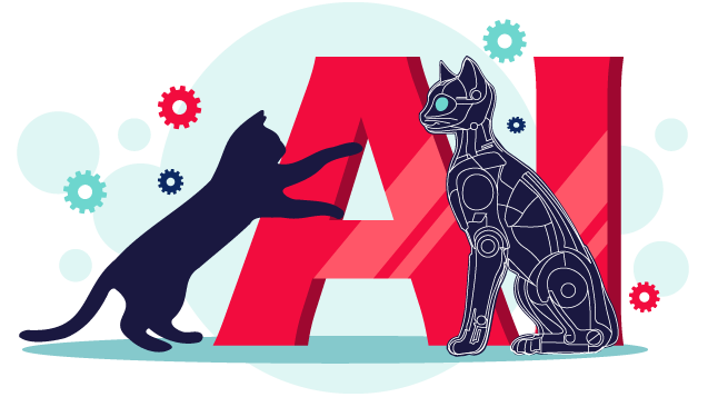 Bright Cat playing with the letters "AI" and an AI cat robot